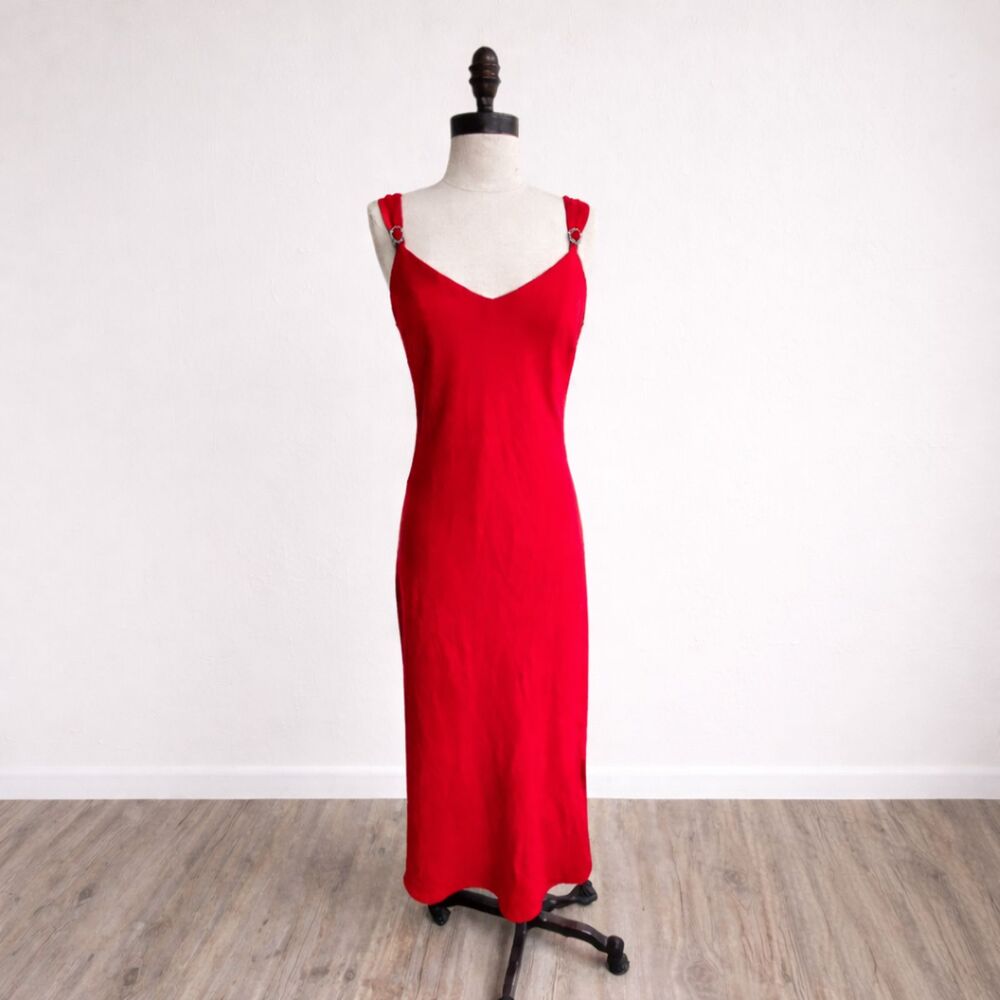 Y2K Slip Dress Red Evan Picone Midi Satin Look Size 8 Minimalist Evening Prom